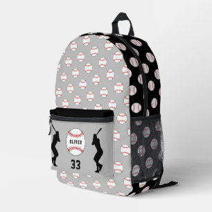 Grey Baseball Ball Player Silhouette Name Number Printed Backpack