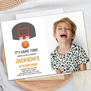 Grey Basket Basketball Invitations with photo