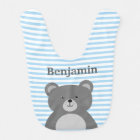 Grey bear with blue striped baby boy's bib