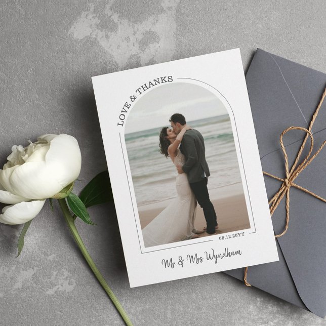 Grey Beautiful Arch Wedding Photo Love & Thanks Thank You Card (Creator Uploaded)