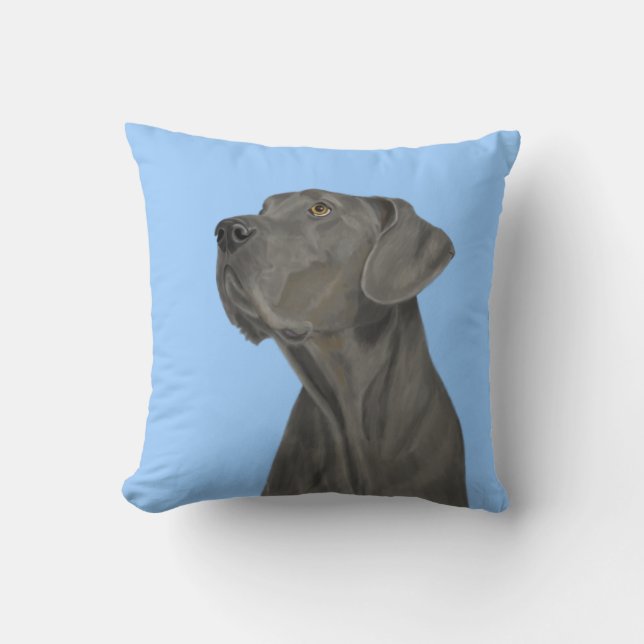 Grey Beautiful Great Dane on Blue Cushion (Front)