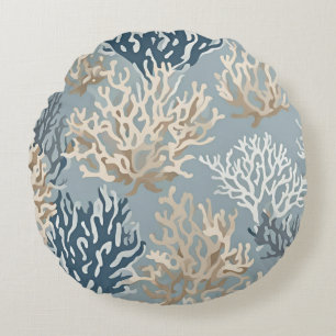 Grey Beige Blue Nautical Beachy Coral Reef Round Cushion