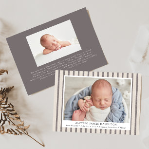 Grey & Beige Farmhouse Linen Stripes Photo Birth Announcement