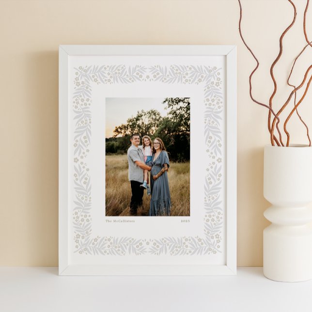 Grey Beige Folk Art Floral Frame with Custom Text Poster (Creator Uploaded)