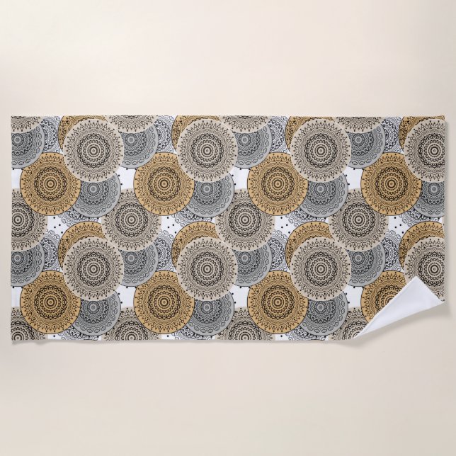 Grey beige pattern arabic mandala oriental style beach towel (Front)