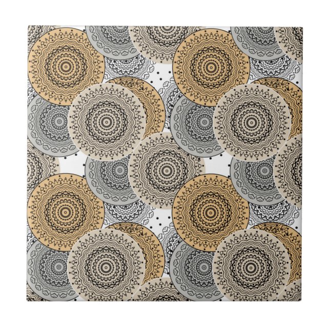 Grey beige pattern arabic mandala oriental style ceramic tile (Front)