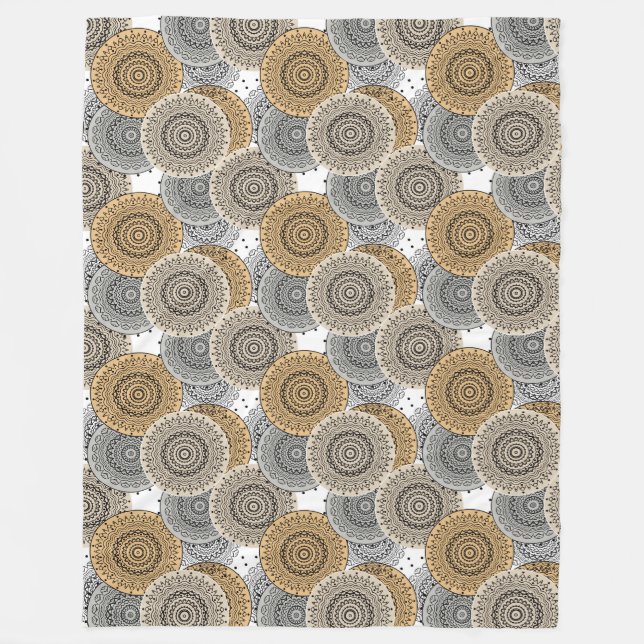 Grey beige pattern arabic mandala oriental style fleece blanket (Front)
