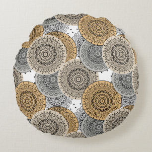 Grey beige pattern arabic mandala oriental style round cushion