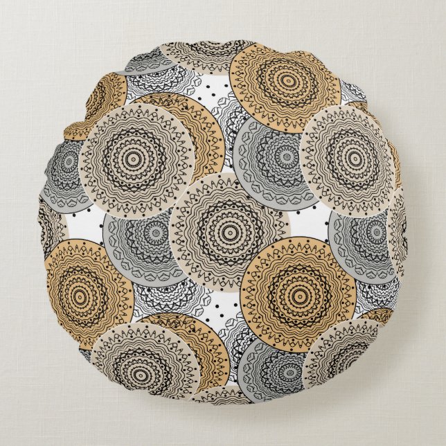 Grey beige pattern arabic mandala oriental style round cushion (Front)