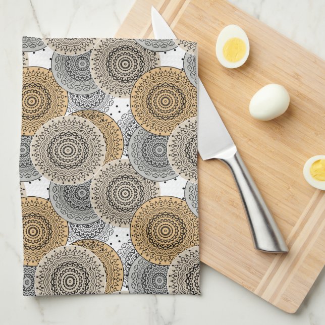Grey beige pattern arabic mandala oriental style tea towel (Quarter Fold)