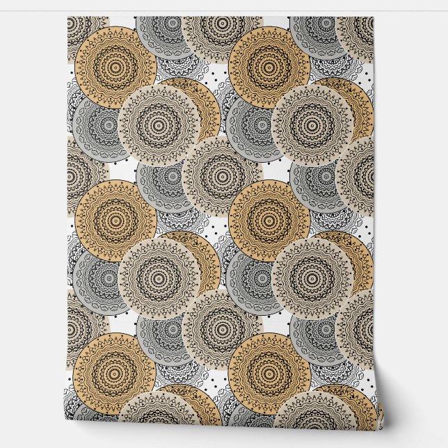 Grey beige pattern arabic mandala oriental style wallpaper (Unrolling)
