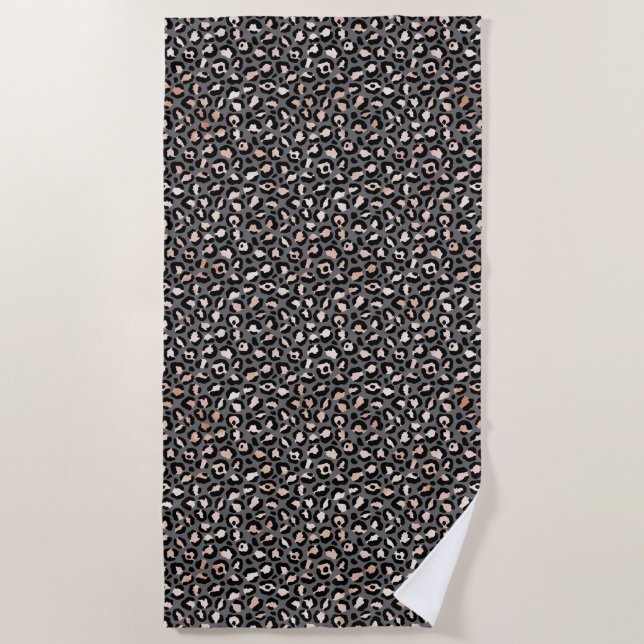 Grey Beige Peach Rose Leopard Print        Beach Towel (Front)