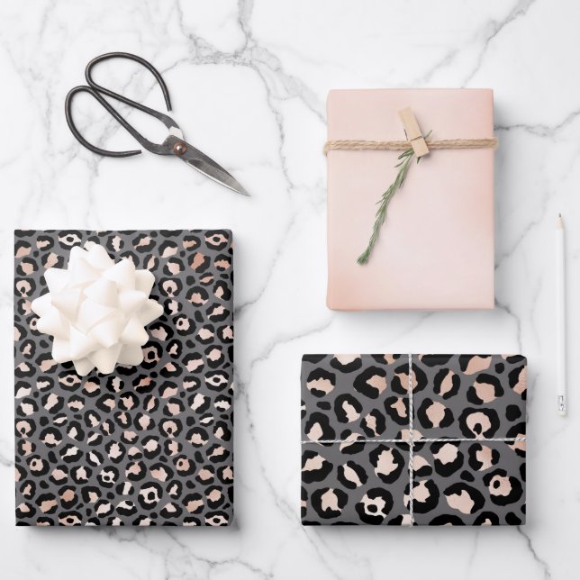 Grey Beige Peach Rose Leopard Print Wrapping Paper (Front)