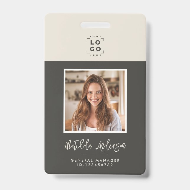 Grey beige QR code modern minimal photo abstract ID Badge (Front)