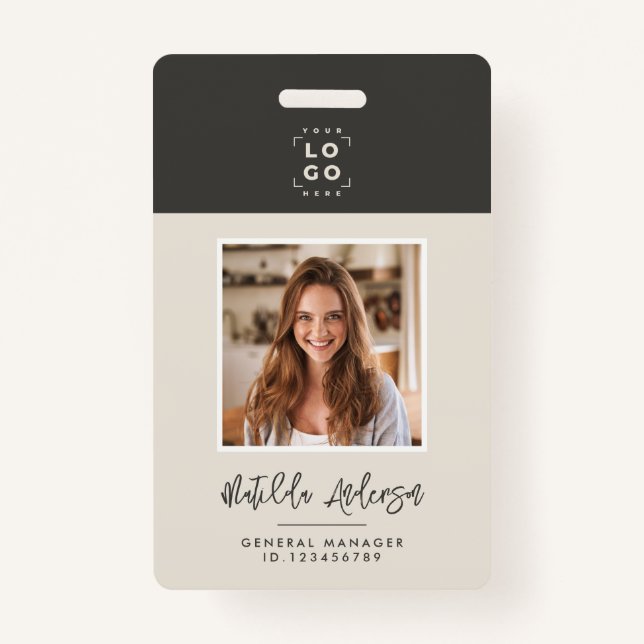 Grey beige QR code modern minimal photo abstract ID Badge (Front)