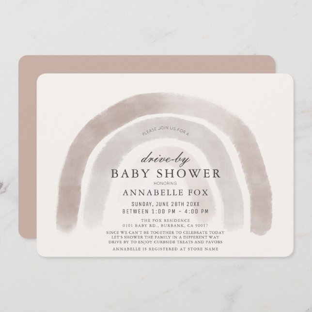 Grey Beige Rainbow Watercolor Drive-by Baby Shower Invitation (Front/Back)