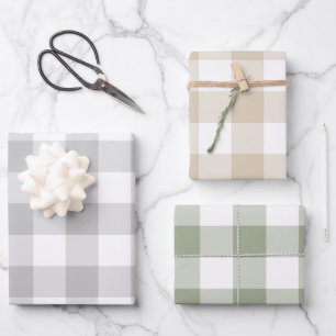 Grey Beige Sage Green Gingham Check Plaid Wrapping Paper Sheet