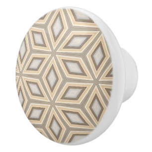 Grey Beige Taupe Brown Geometric Retro Stars Motif Ceramic Knob