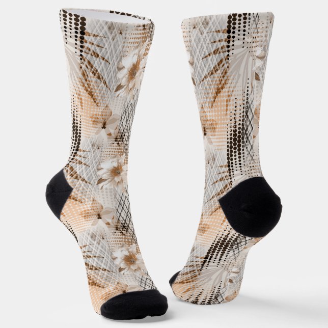Grey, beige tropical pattern. socks (Angled)