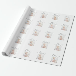 Grey Believe Script with Photo Christmas Wrapping Paper