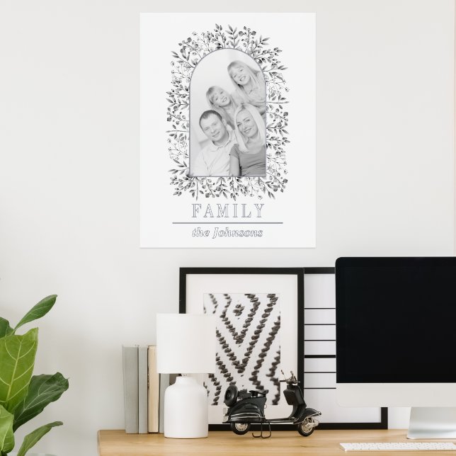 Grey berry and leaf arch and photo family silver foil prints (In Situ (Desk))