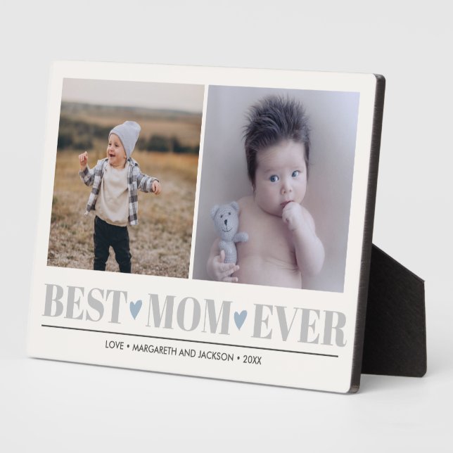 Grey BEST MOM EVER collage 2 Photo Blue Hearts  Plaque (Side)