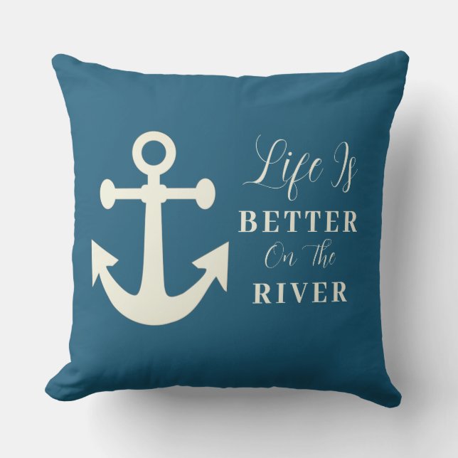 Grey biege Life Is Better On The River Cushion (Front)