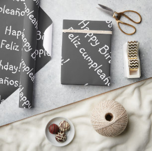 Grey Bilingual written Happy Birthday feliz cumple Wrapping Paper