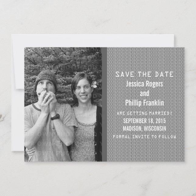 Grey Binary Code Photo Save the Date Invite (Front)
