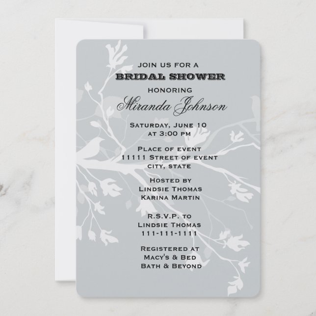 Grey Bird Branches Bridal Shower Invitation (Front)