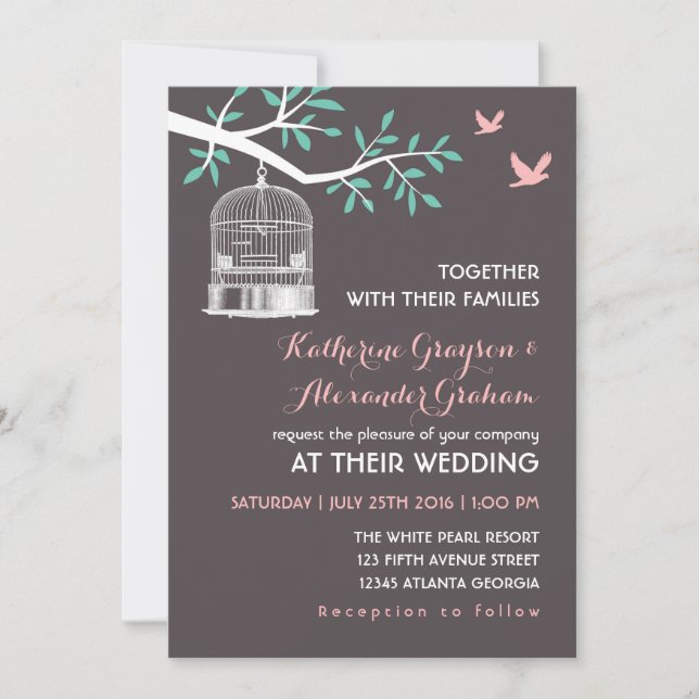 Grey Bird Cage and Dove Rustic Wedding Invitation (Front)