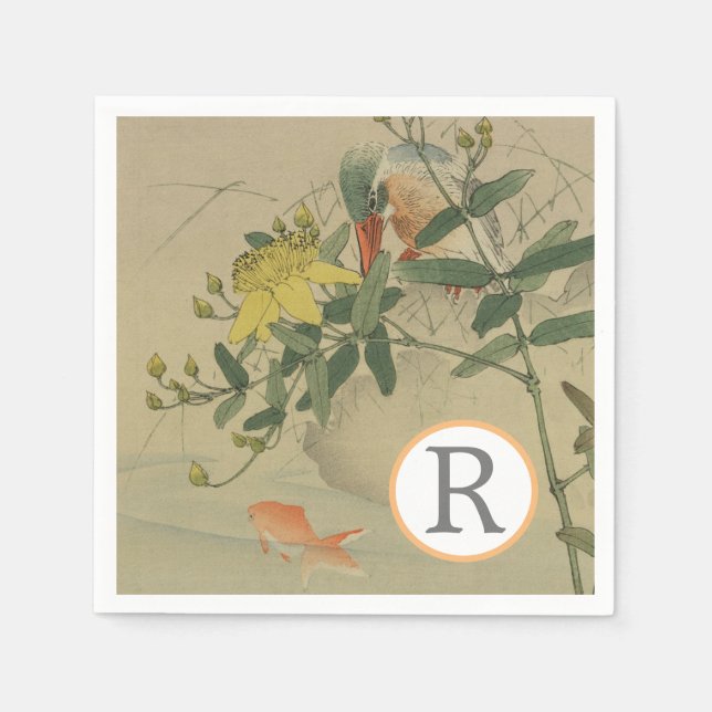 Grey Bird Goldfish Oriental Chinoiserie Nature Art Napkin (Front)
