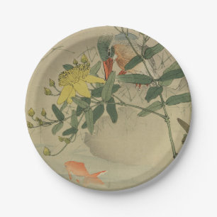 Grey Bird Goldfish Oriental Chinoiserie Nature Art Paper Plate