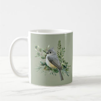 Grey Bird on Branch olive green background Mug