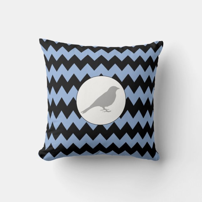 Grey Bird Zig Zag Light Blue and Black Pillow (Front)