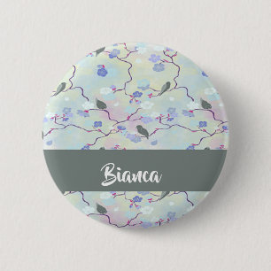Grey birds with flowers 6 cm round badge