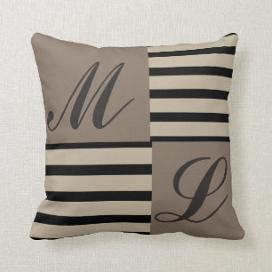Grey Black and Beige stripes Monogram Cushion