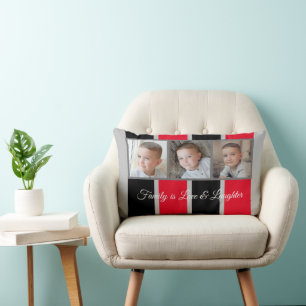 Grey black and red photo collage family striped lumbar cushion