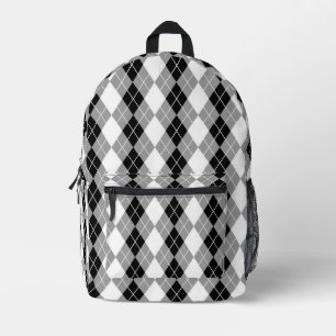 Grey Black and White Argyle Diamond Design Printed Backpack
