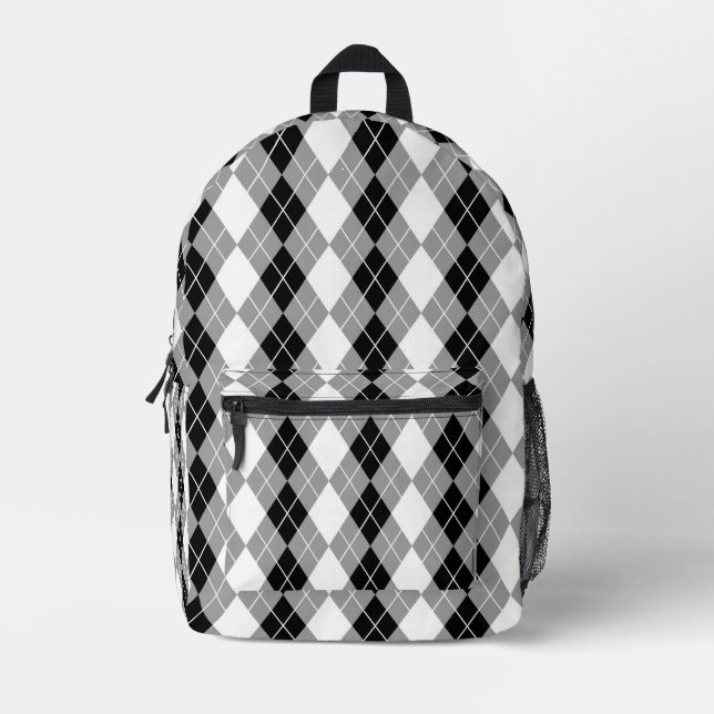 Grey Black and White Argyle Diamond Design  Printed Backpack (Front)