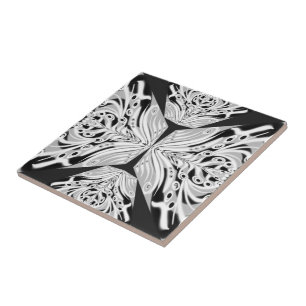 Grey Black And White Butterfly Winged Abstract Ceramic Tile