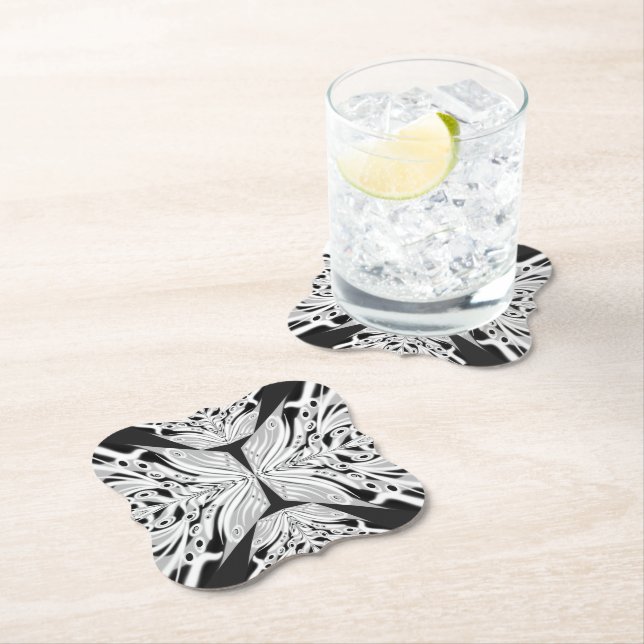 Grey Black And White Butterfly Winged Abstract Paper Coaster (Insitu)