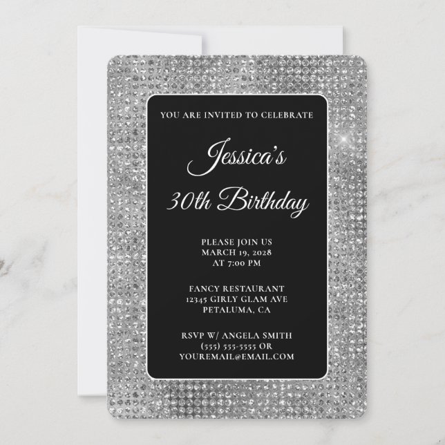 Grey Black and White Disco Glitter 30th Birthday Invitation (Front)