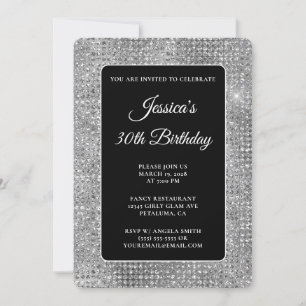 Grey Black and White Disco Glitter 30th Birthday Invitation