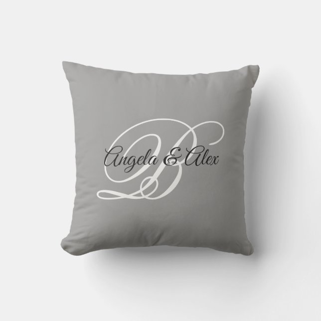 Grey Black and White Fancy Wedding Monogram Cushion (Front)