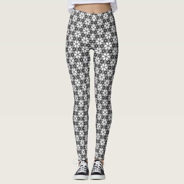 Grey, Black and White Floral Pattern Leggings (Front)