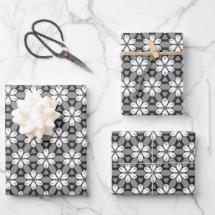 Grey, Black and White Floral Wrapping Paper Sheet