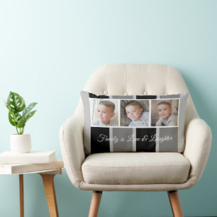Grey black and white photo collage family striped lumbar cushion