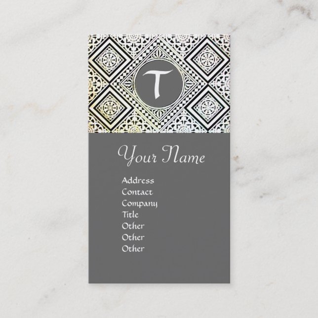 GREY BLACK AND WHITE ROMAN EAGLE DAMASK MONOGRAM BUSINESS CARD (Front)