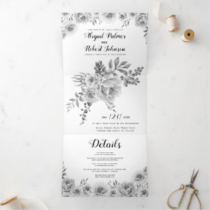 Grey, black and white watercolor flowers wedding Tri-Fold invitation